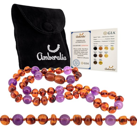 Amberalia Baltic Amber Baby Teething Necklace - Cognac /Amethyst 12.5" - Picture 2 of 6